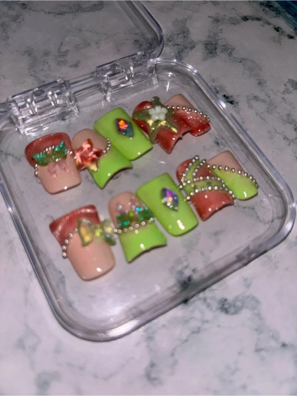 Handmade Neon Green & Peach Crystal Accent Press-On Nails
